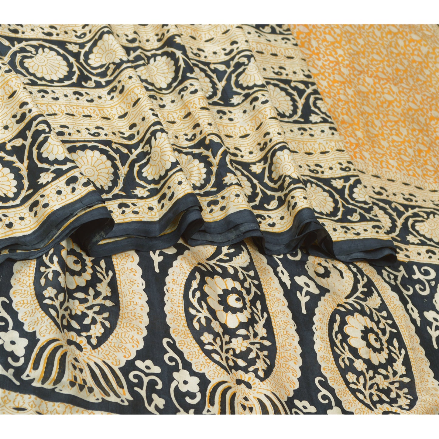 Sanskriti Vintage Sarees Yellow/Black 100% Pure Silk Printed Sari Craft Sustainable Fabric