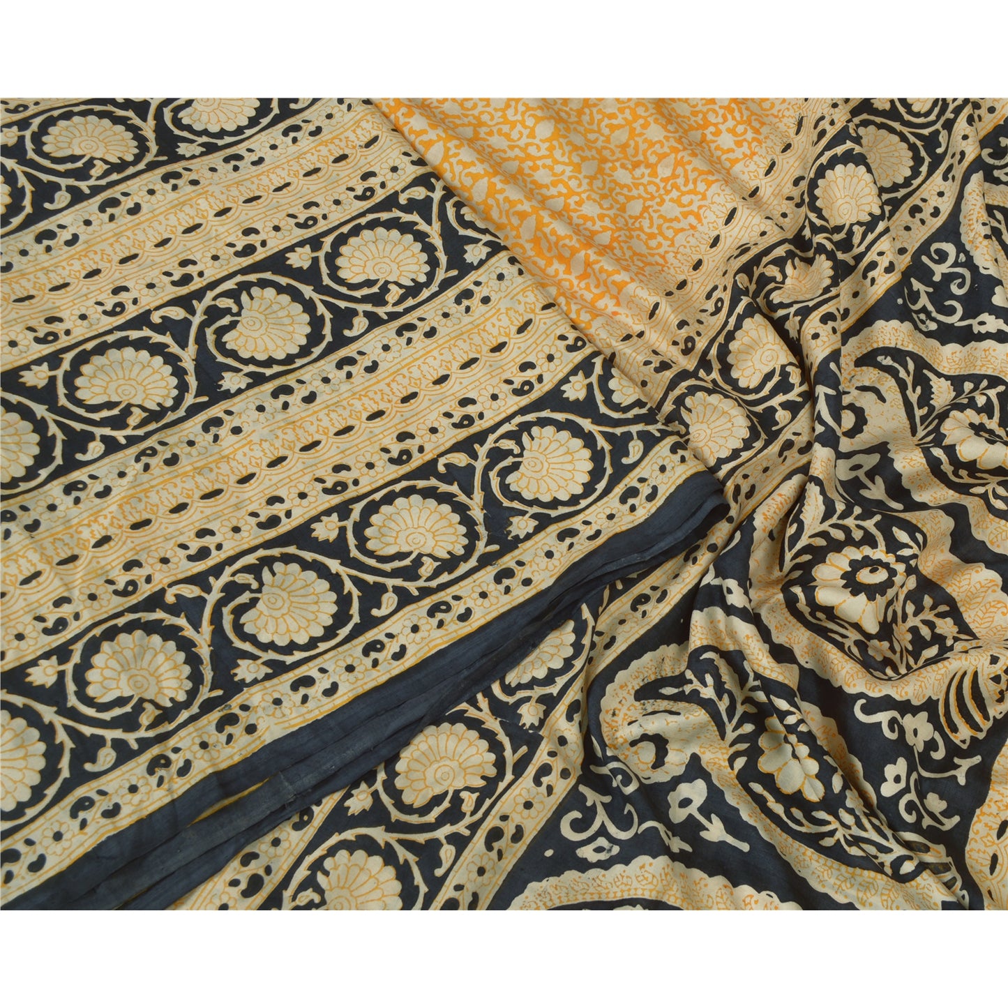 Sanskriti Vintage Sarees Yellow/Black 100% Pure Silk Printed Sari Craft Sustainable Fabric
