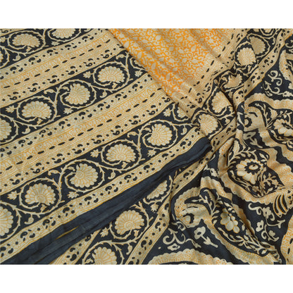 Sanskriti Vintage Sarees Yellow/Black 100% Pure Silk Printed Sari Craft Sustainable Fabric