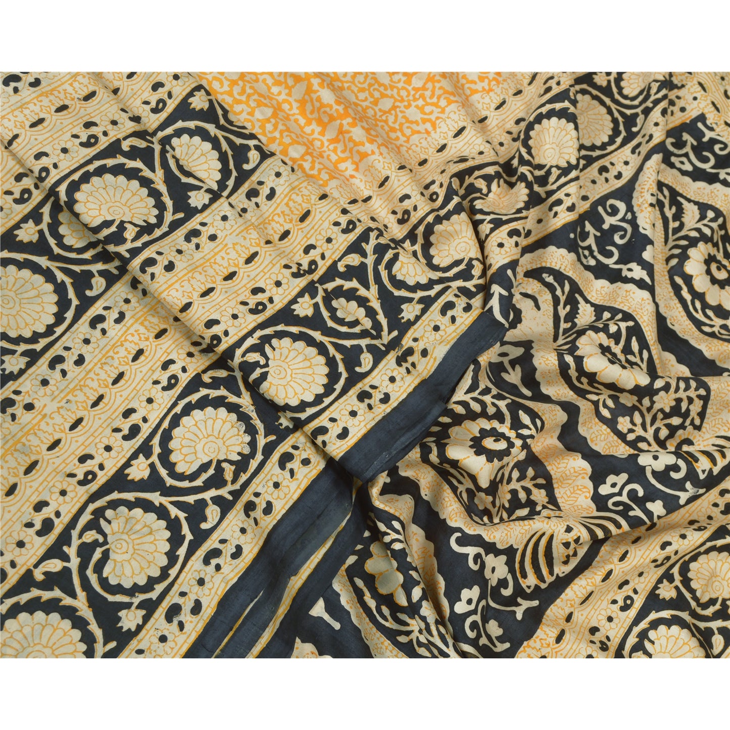 Sanskriti Vintage Sarees Yellow/Black 100% Pure Silk Printed Sari Craft Sustainable Fabric