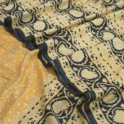 Sanskriti Vintage Sarees Yellow/Black 100% Pure Silk Printed Sari Craft Sustainable Fabric