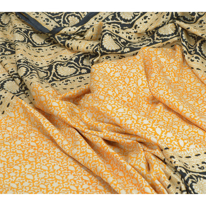 Sanskriti Vintage Sarees Yellow/Black 100% Pure Silk Printed Sari Craft Sustainable Fabric