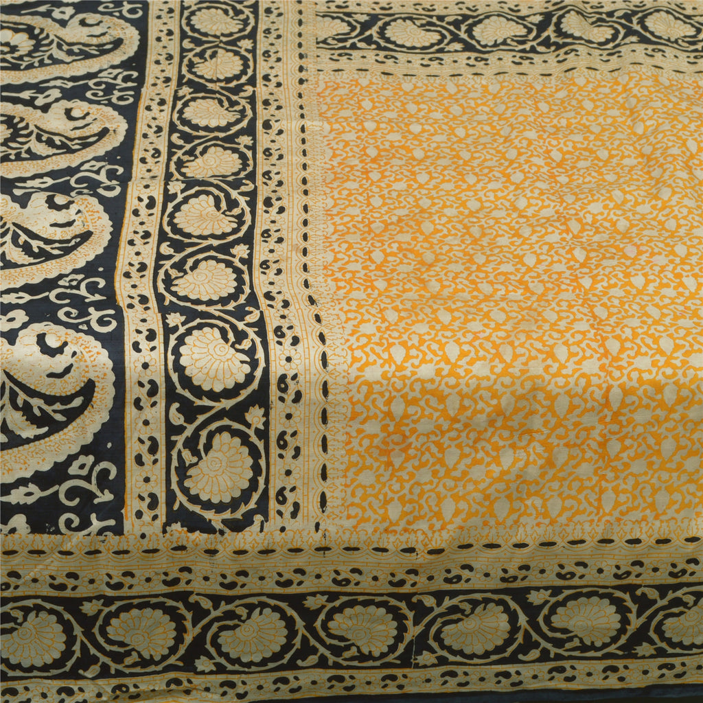 Sanskriti Vintage Sarees Yellow/Black 100% Pure Silk Printed Sari Craft Sustainable Fabric