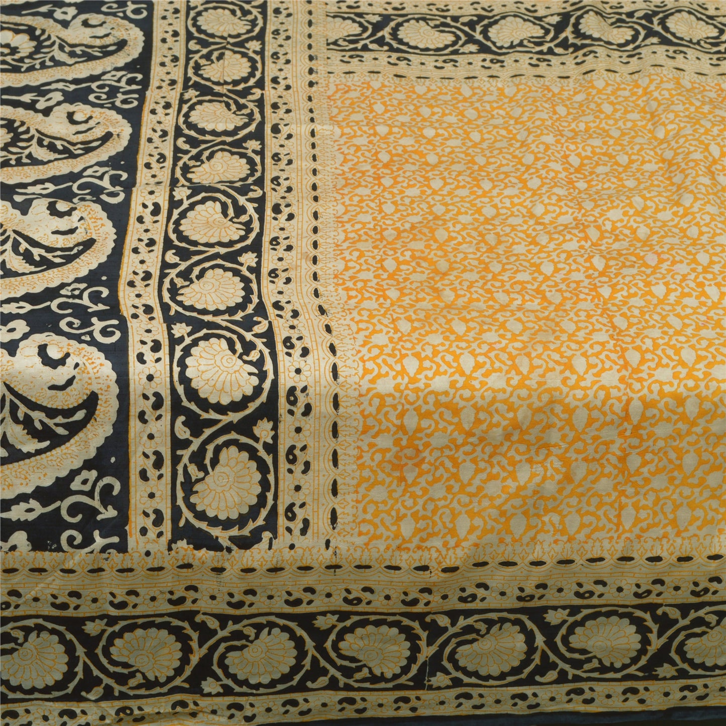 Sanskriti Vintage Sarees Yellow/Black 100% Pure Silk Printed Sari Craft Sustainable Fabric