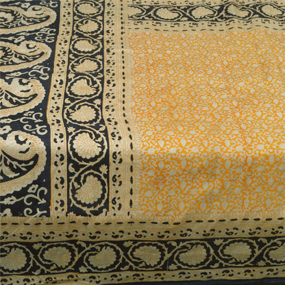 Sanskriti Vintage Sarees Yellow/Black 100% Pure Silk Printed Sari Craft Sustainable Fabric