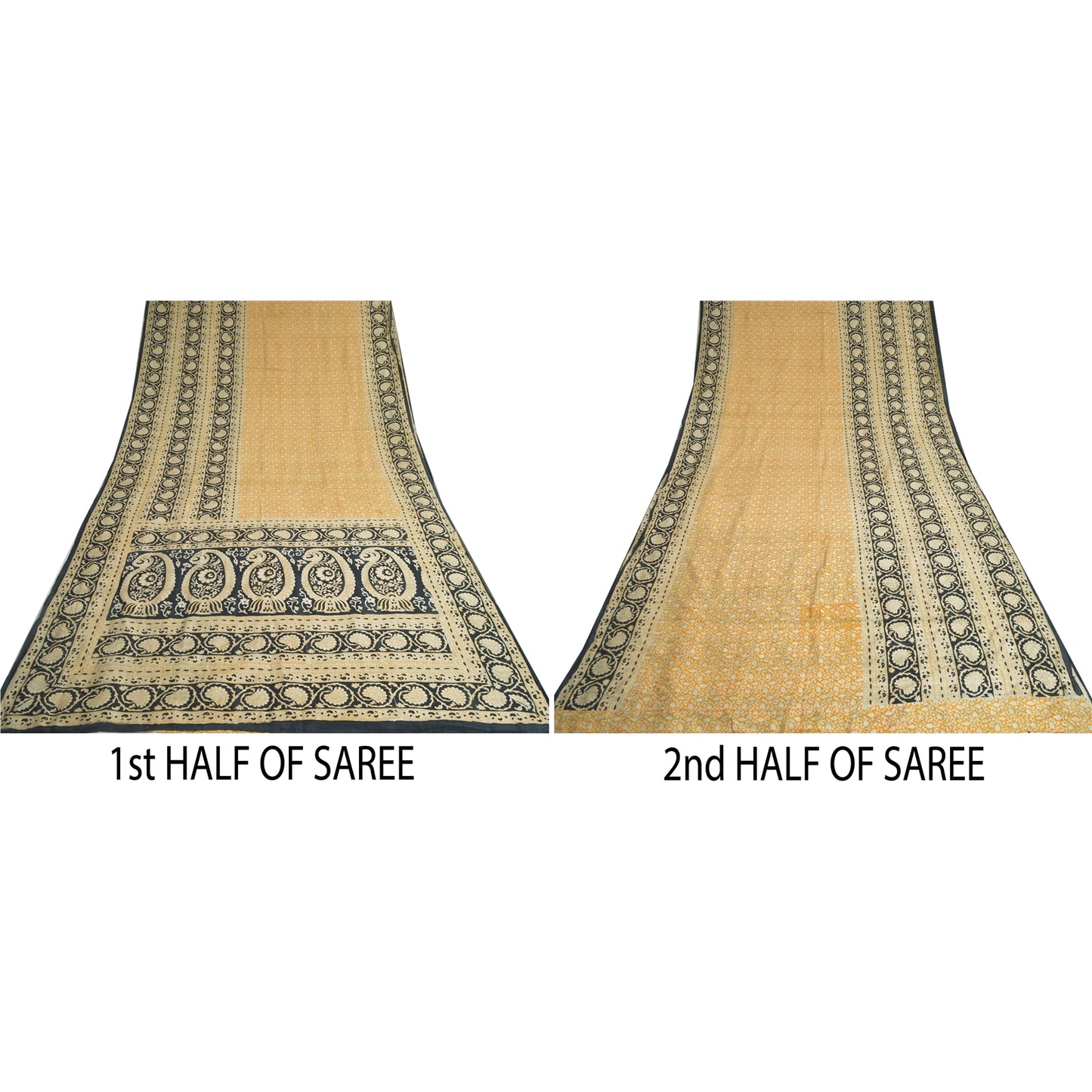 Sanskriti Vintage Sarees Yellow/Black 100% Pure Silk Printed Sari Craft Sustainable Fabric