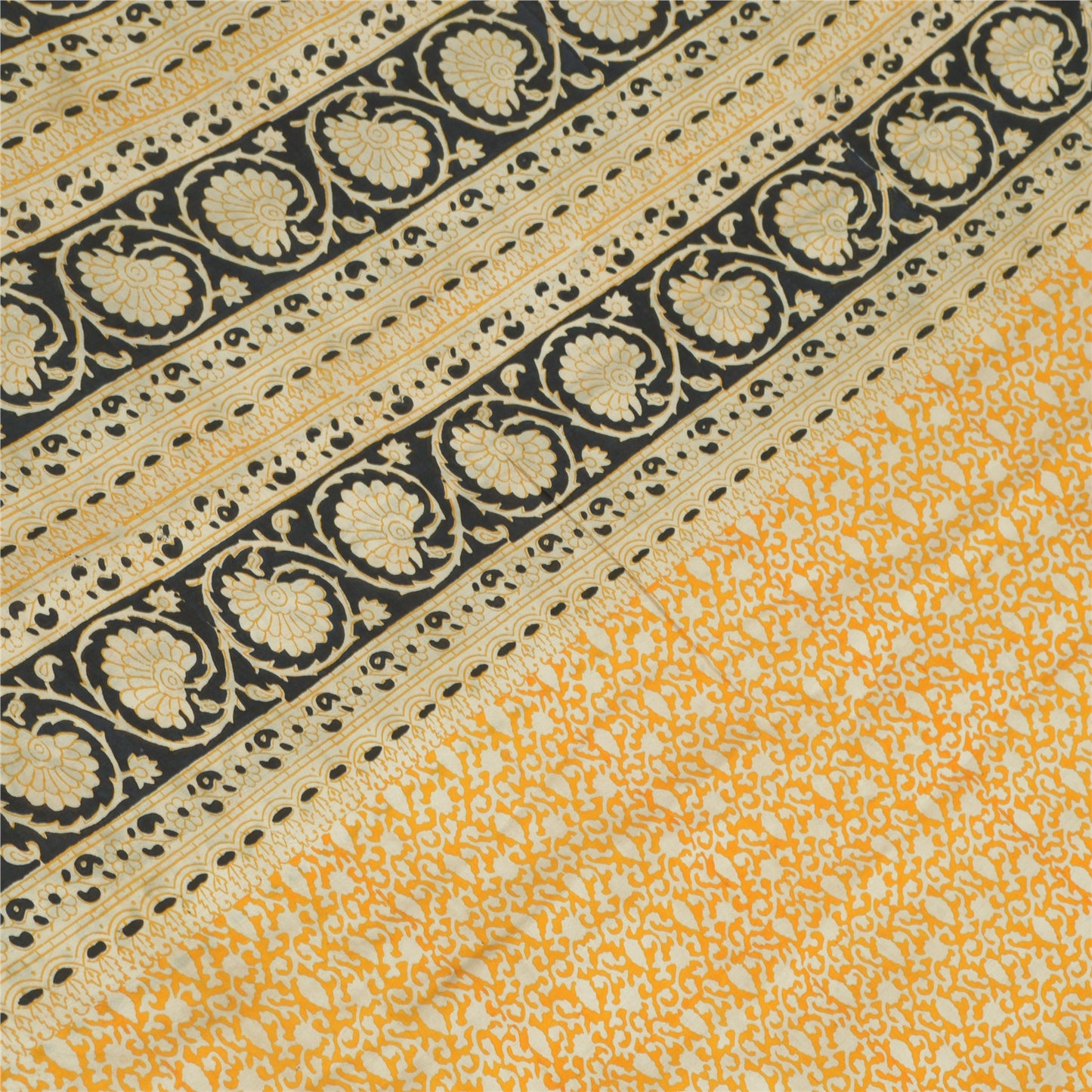 Sanskriti Vintage Sarees Yellow/Black 100% Pure Silk Printed Sari Craft Sustainable Fabric