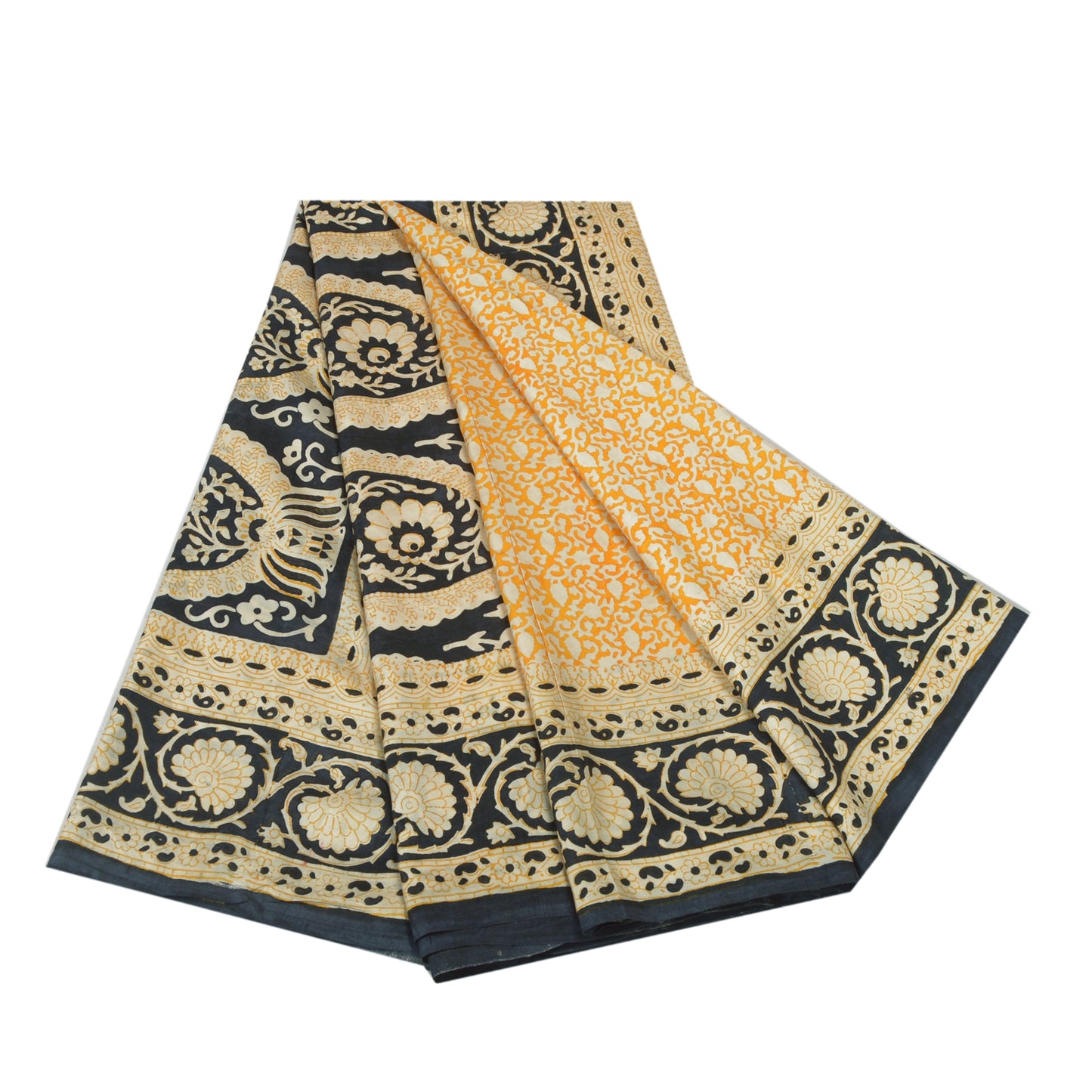 Sanskriti Vintage Sarees Yellow/Black 100% Pure Silk Printed Sari Craft Sustainable Fabric