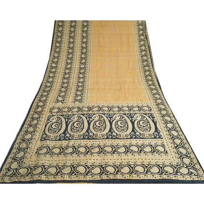 Sanskriti Vintage Sarees Yellow/Black 100% Pure Silk Printed Sari Craft Sustainable Fabric