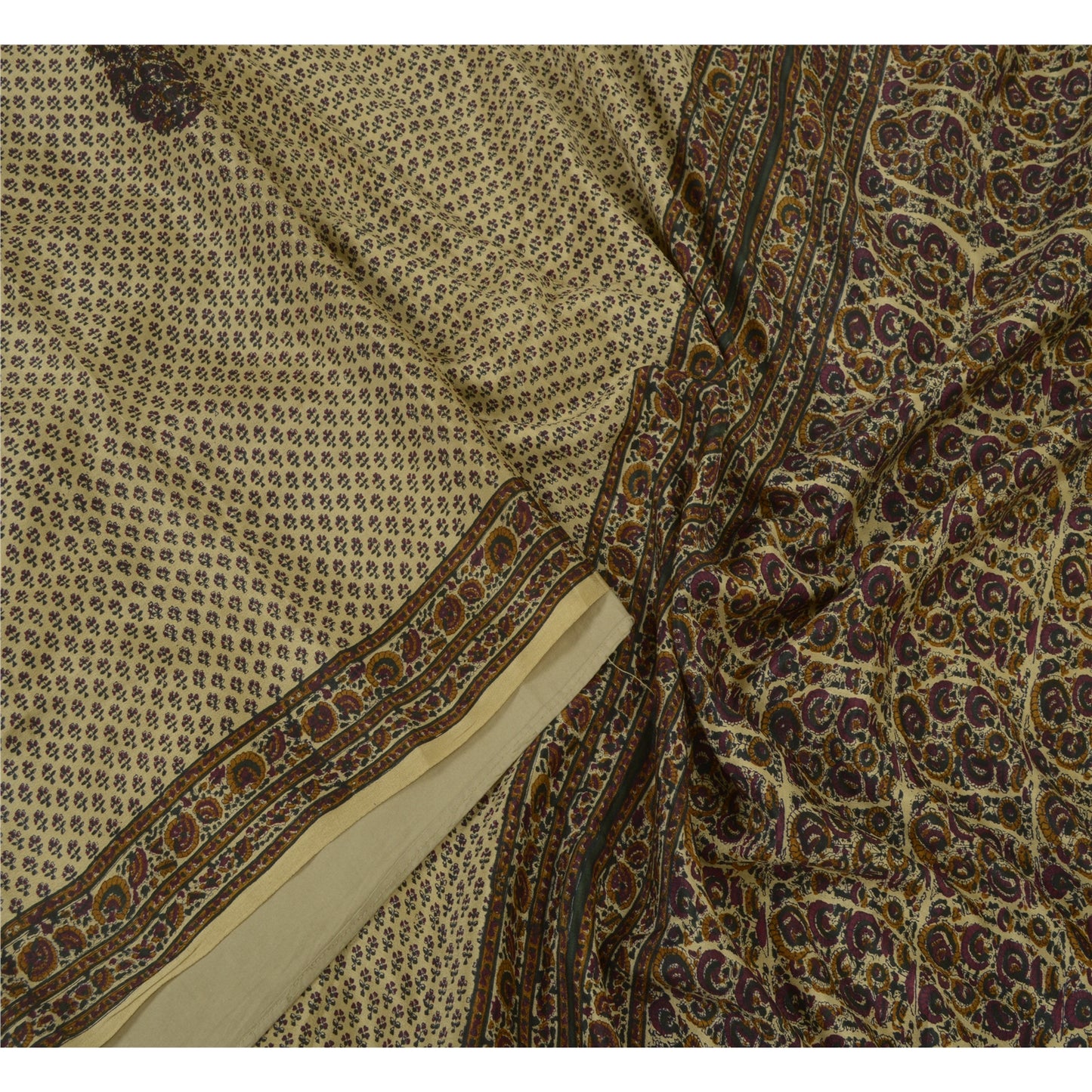 Санскритские винтажные сари бледно-кремового цвета 100% чистый шелк напечатанное сари 5 ярдов ткань для рукоделия устойчивая ткань