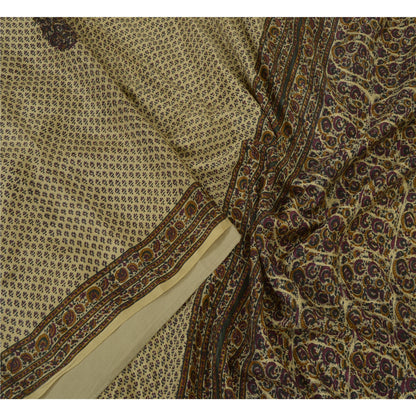 Санскритские винтажные сари бледно-кремового цвета 100% чистый шелк напечатанное сари 5 ярдов ткань для рукоделия устойчивая ткань