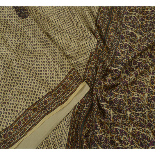 Санскритские винтажные сари бледно-кремового цвета 100% чистый шелк напечатанное сари 5 ярдов ткань для рукоделия устойчивая ткань