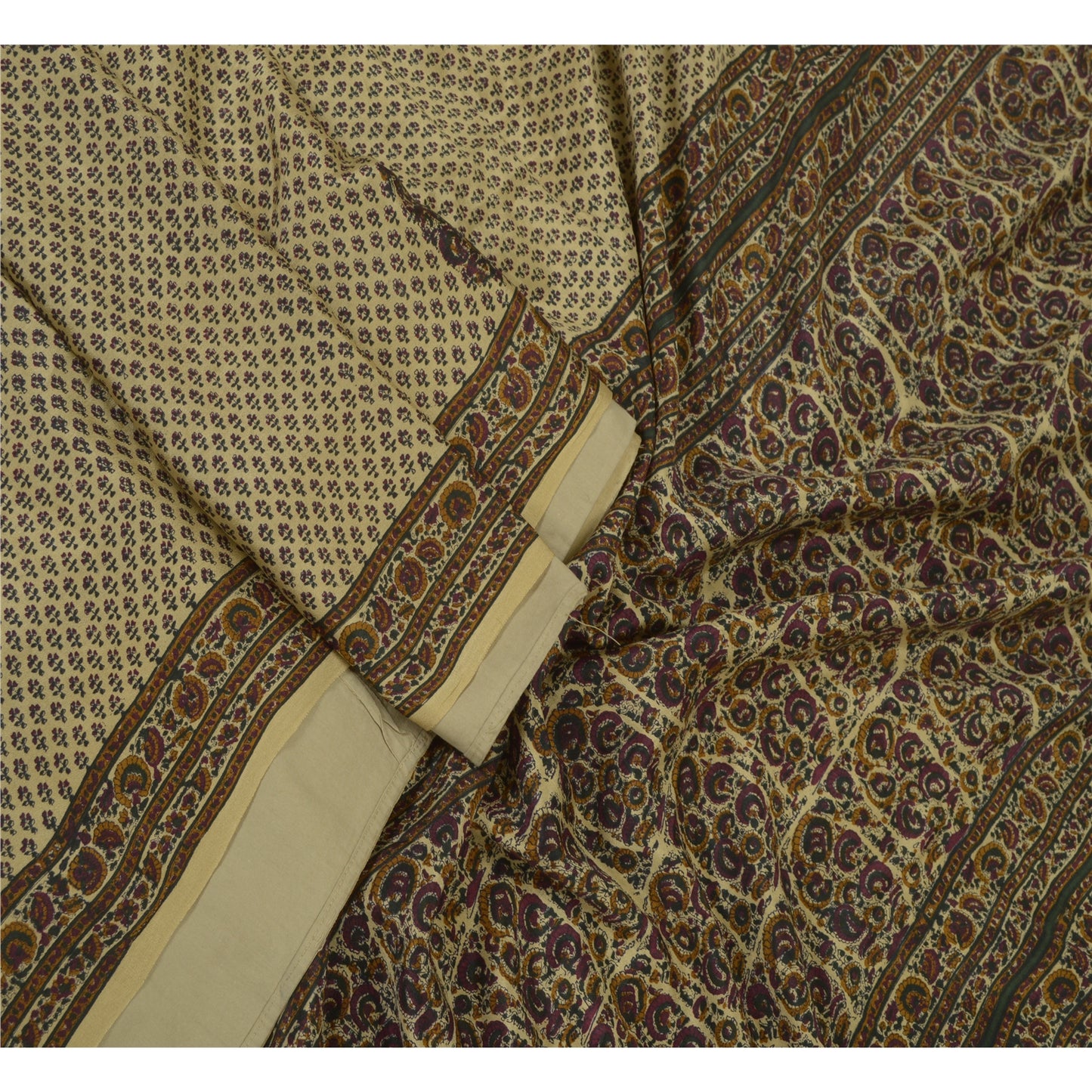 Санскритские винтажные сари бледно-кремового цвета 100% чистый шелк напечатанное сари 5 ярдов ткань для рукоделия устойчивая ткань