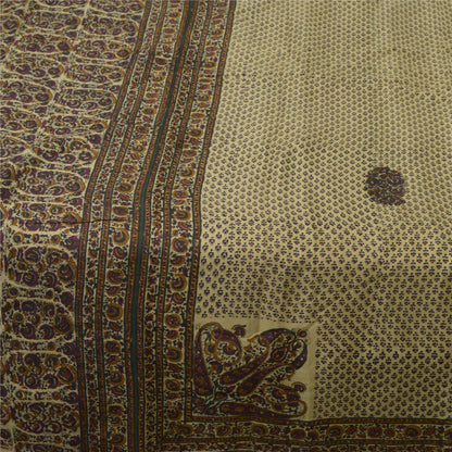 Санскритские винтажные сари бледно-кремового цвета 100% чистый шелк напечатанное сари 5 ярдов ткань для рукоделия устойчивая ткань