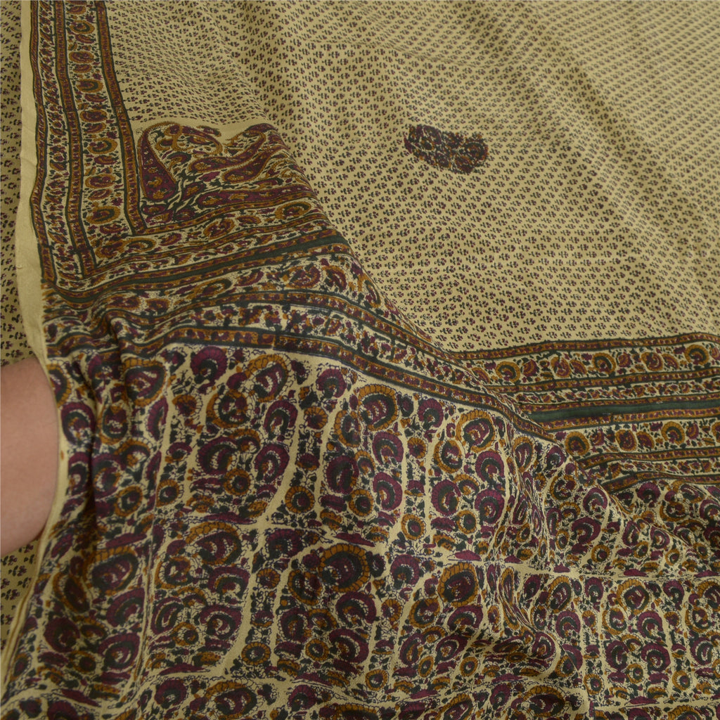 Санскритские винтажные сари бледно-кремового цвета 100% чистый шелк напечатанное сари 5 ярдов ткань для рукоделия устойчивая ткань