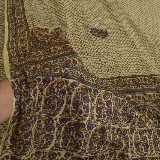 Санскритские винтажные сари бледно-кремового цвета 100% чистый шелк напечатанное сари 5 ярдов ткань для рукоделия устойчивая ткань