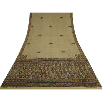 Санскритские винтажные сари бледно-кремового цвета 100% чистый шелк напечатанное сари 5 ярдов ткань для рукоделия устойчивая ткань