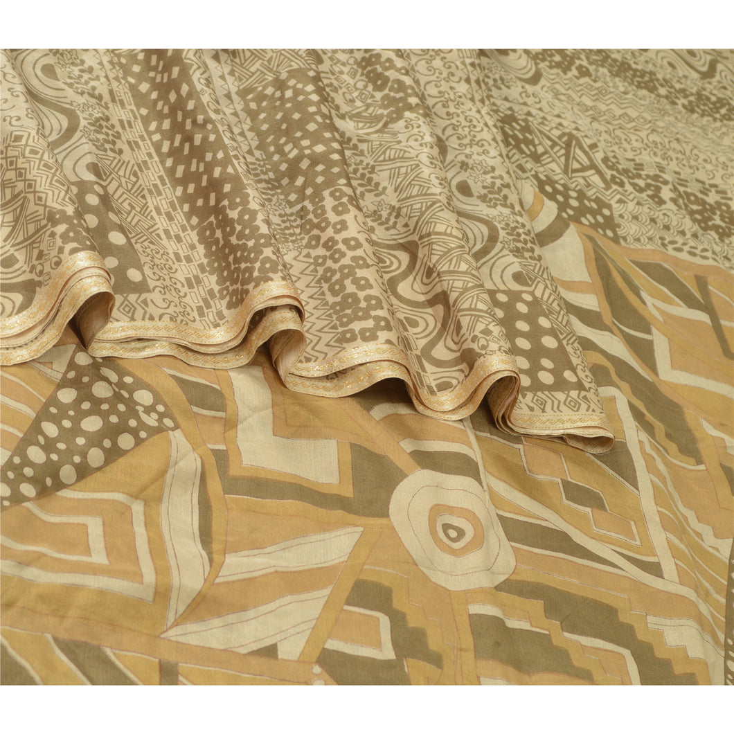 Sanskriti Vintage Sarees Cream 100% Pure Silk Printed Sari 5yd Soft Craft Fabric