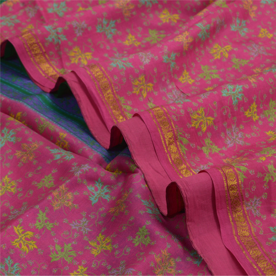 Sanskriti Vintage Sarees Pink Zari Border Pure Silk Printed Sari Craft Fabric