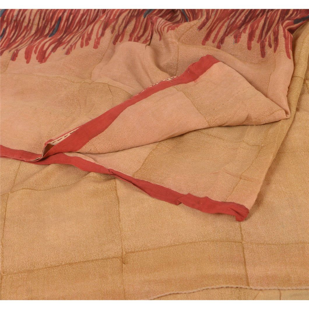 Sanskriti Vintage Brown Saree 100% Pure Crepe Silk Printed Sari Decor Fabric