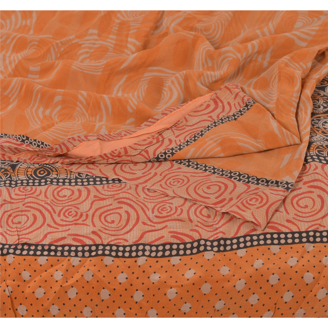 Sanskriti Vintage Peach Saree Pure Crepe Silk Printed Sari Craft 5Yd Soft Fabric