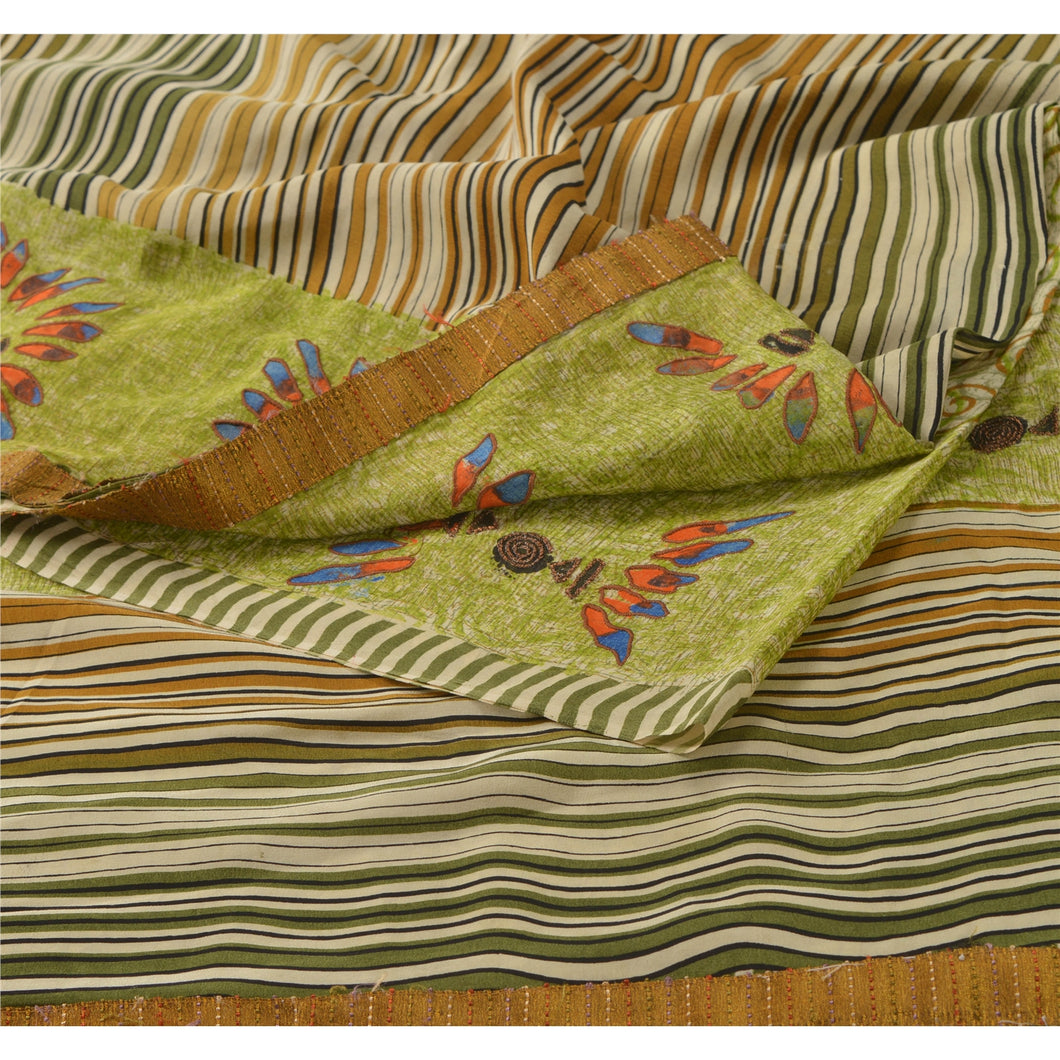 Sanskriti Vintage Green Saree Pure Crepe Silk Printed Sari Craft 5Yd Soft Fabric