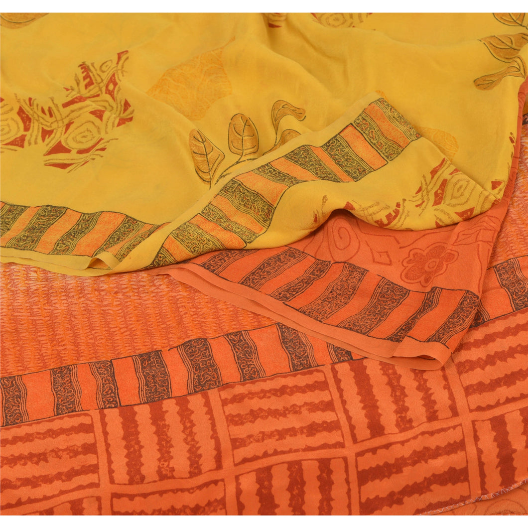 Sanskriti Vintage Yellow Saree 100% Pure Crepe Silk Printed Sari Soft Fabric