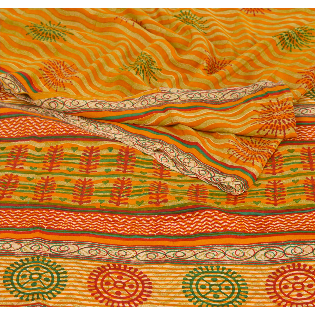 Saffron Saree 100% Pure Crepe Silk Printed Fabric Craft Sari