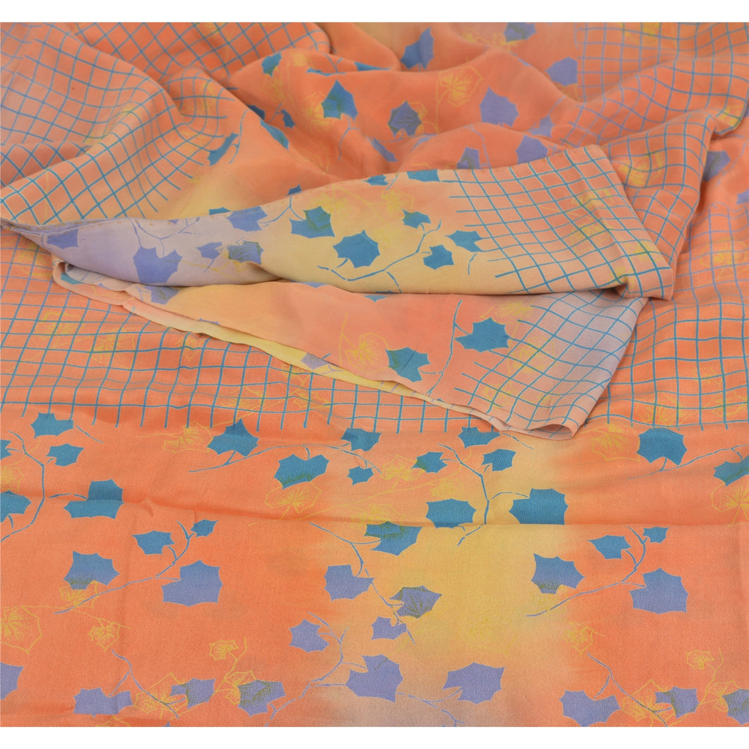 Peach Saree 100% Pure Crepe Silk Printed Sari Fabric Craft