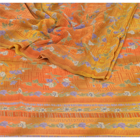 Sanskriti Vintage Orange Saree 100% Pure Crepe Silk Printed Sustainable Fabric Craft Sari