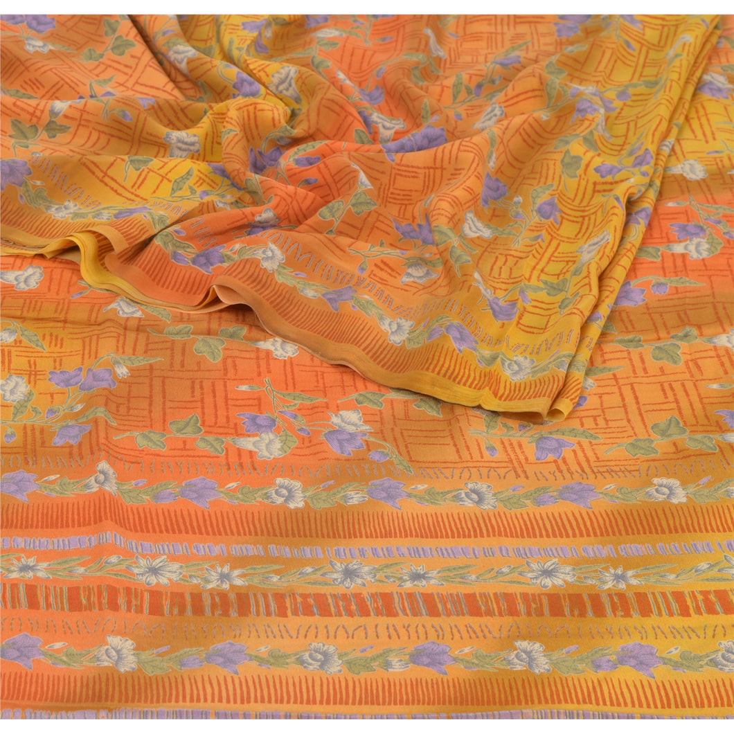 Orange Saree 100% Pure Crepe Silk Printed Fabric Craft Sari