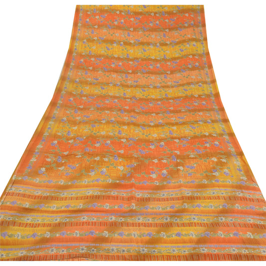 Sanskriti Vintage Orange Saree 100% Pure Crepe Silk Printed Sustainable Fabric Craft Sari