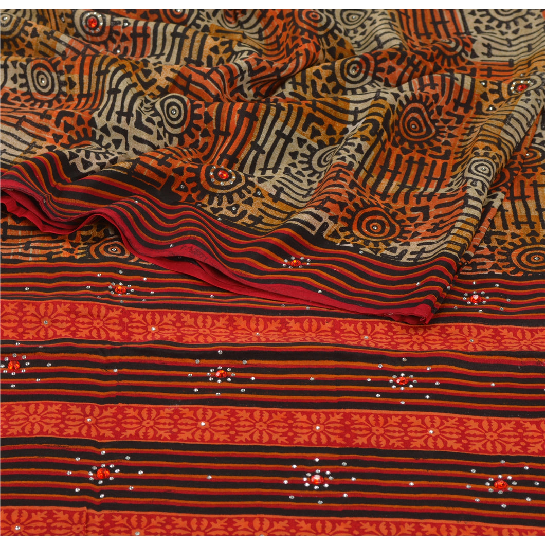 Sanskriti Vintage Orange Saree Pure Crepe Silk Printed Fabric 5Yd Craft Sari