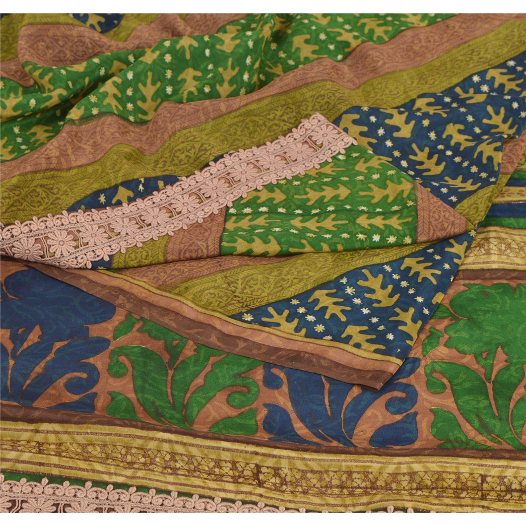 Sanskriti Vintage Printed Saree Pure Crepe Silk Sari Multicolor Fabric 5Yd Craft