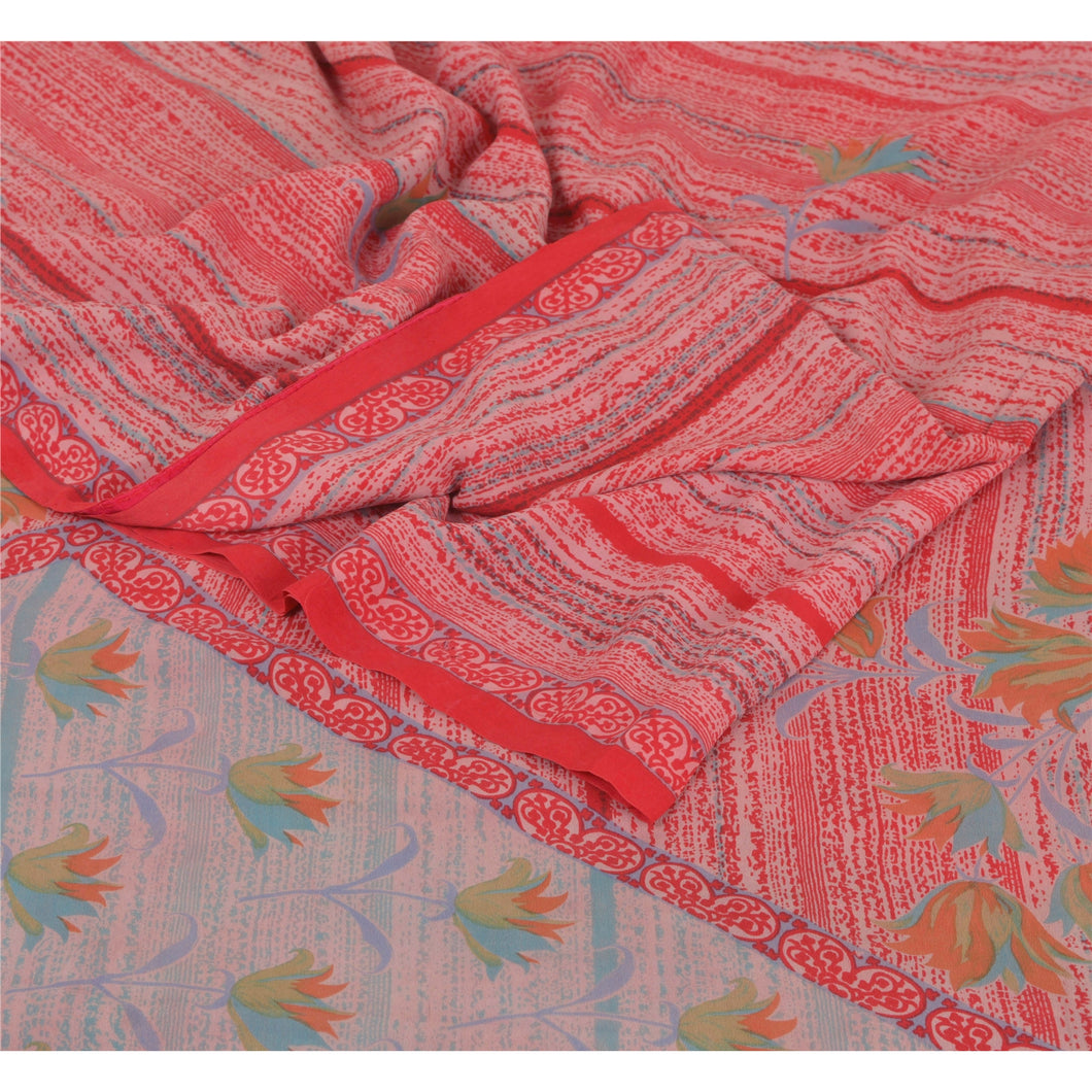 Sanskriti Vintage Red Saree Pure Crepe Silk Printed Sari Soft 5Yd Craft Fabric