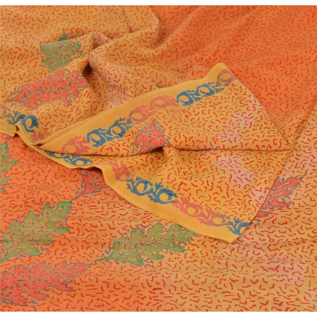Sanskriti Vintage Peach Saree 5Yd Sewing Fabric Pure Crepe Silk Printed Sari