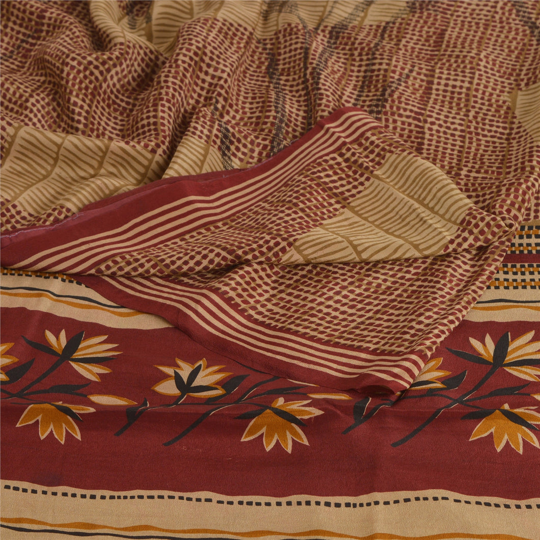 Sanskriti Vintage Red Indian Sari Pure Crepe Silk Printed Sarees Craft Fabric