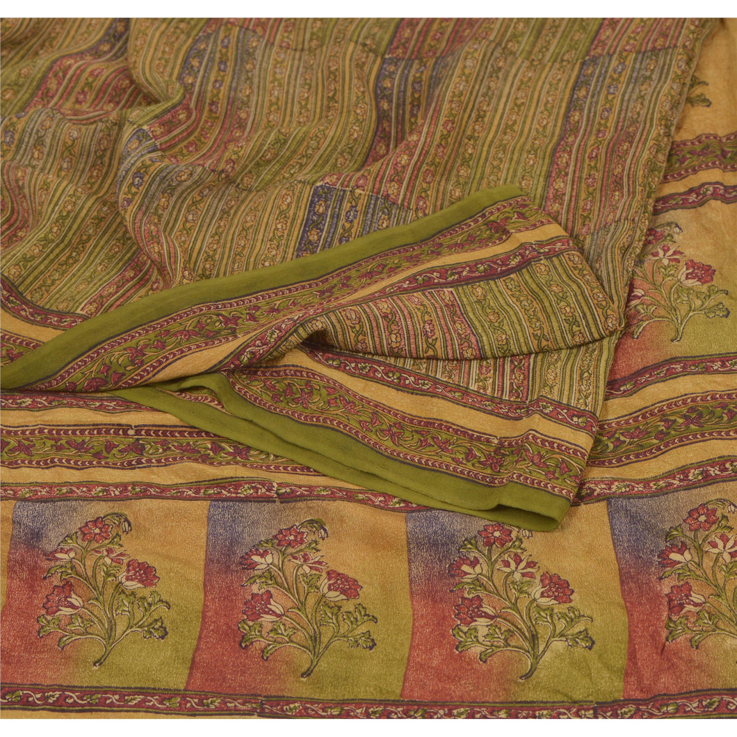 Sanskriti Vintage Sarees 100% Pure Crepe Silk Green Printed Sari Craft Fabric