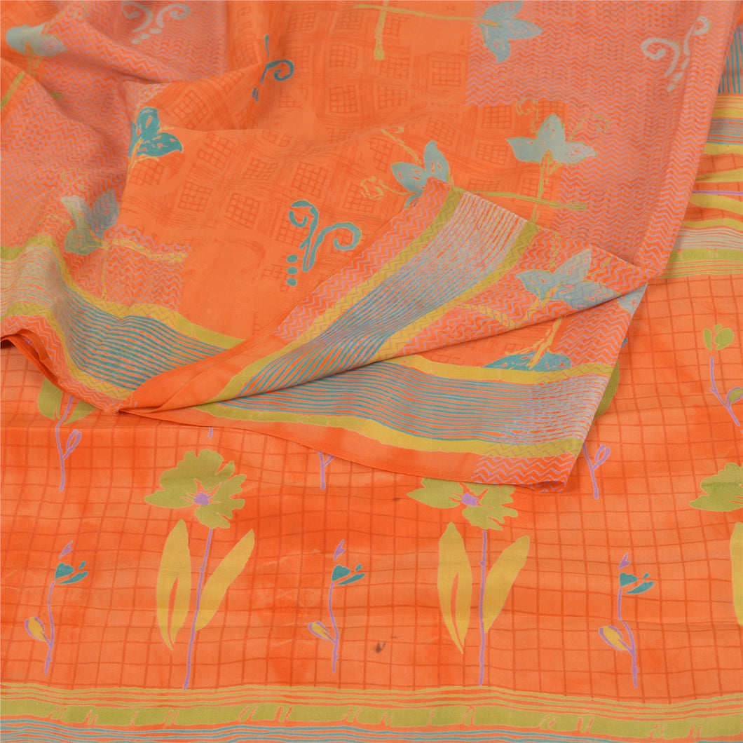 Sanskriti Vintage Orange Saree Pure Crepe Silk Printed Sari 5 Yd Craft Fabric