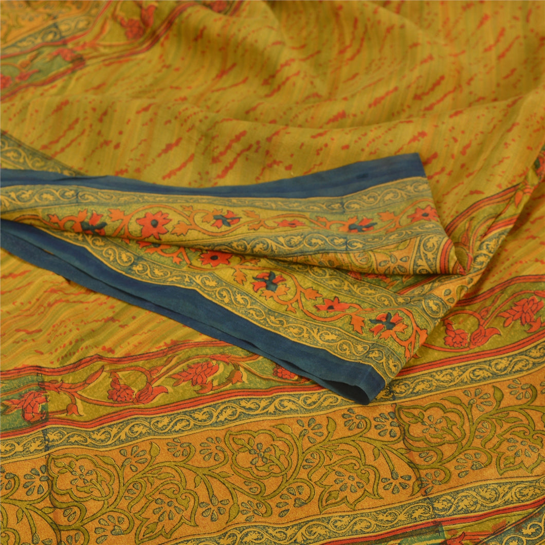 Sanskriti Vintage Green Sarees 100% Pure Crepe Silk Printed Sari Craft Fabric