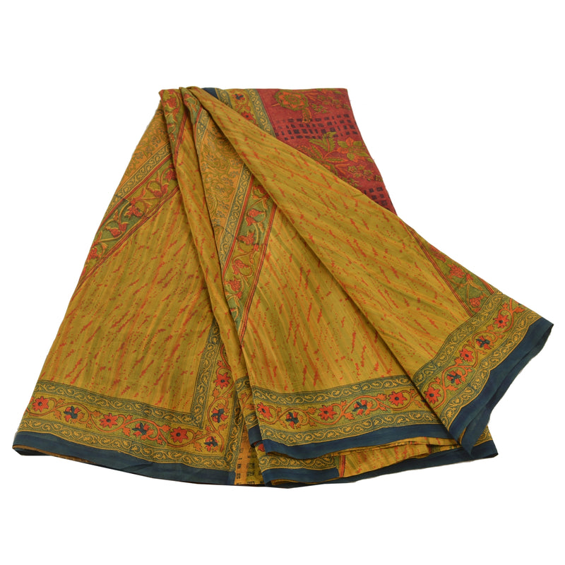 Sanskriti Vintage Green Sarees 100% Pure Crepe Silk Printed Sari Craft Sustainable Fabric