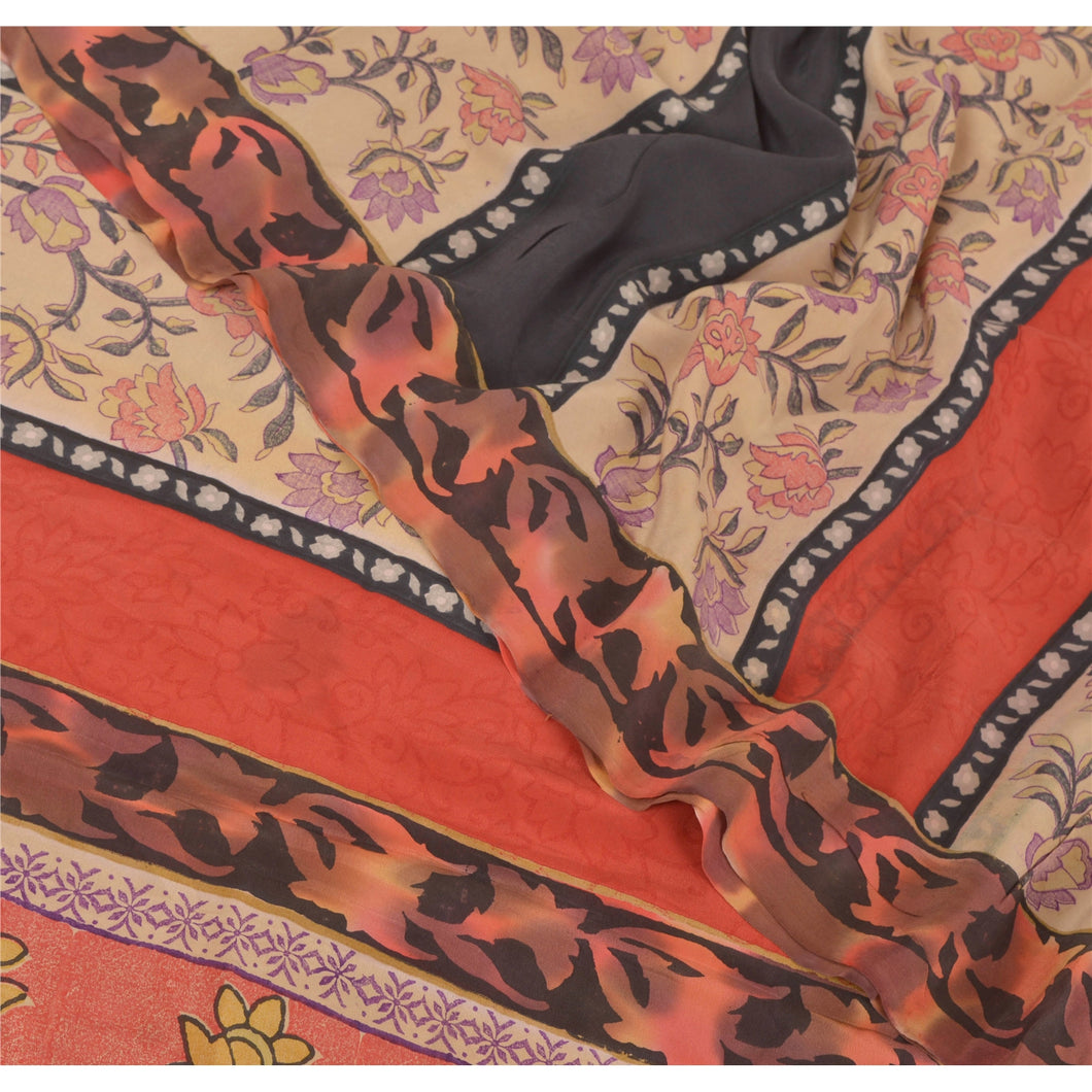 Sanskriti Vintage Indian Saree Pure Crepe Silk Printed Sari 5 YD Craft Fabric