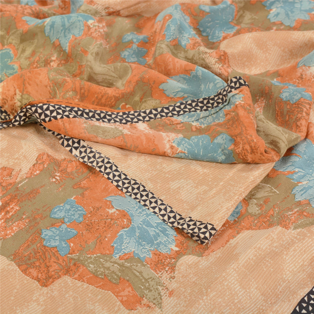 Sanskriti Vinatage Sanskriti Ethnic Vintage Peach Saree Pure Crepe Silk Printed Sari Craft Fabric