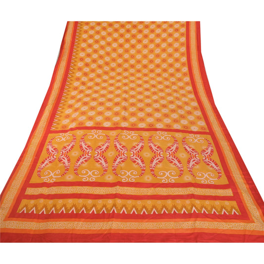 Sanskriti Vintage Yellow Saree 100% Pure Crepe Silk Printed Sari Craft Sustainable Fabric