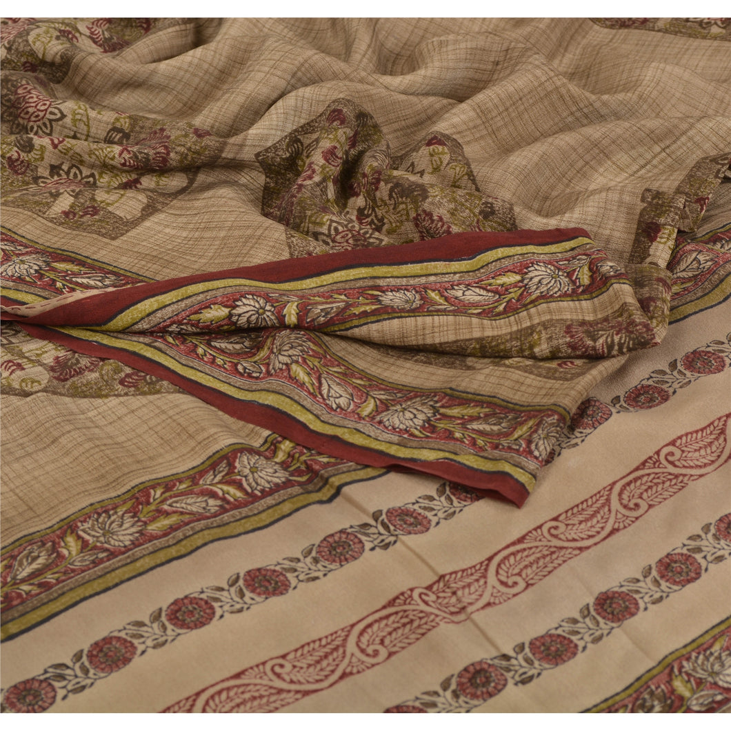 Sanskriti Vintage Brown Saree Pure Crepe Silk Printed Sari 5YD Soft Craft Fabric