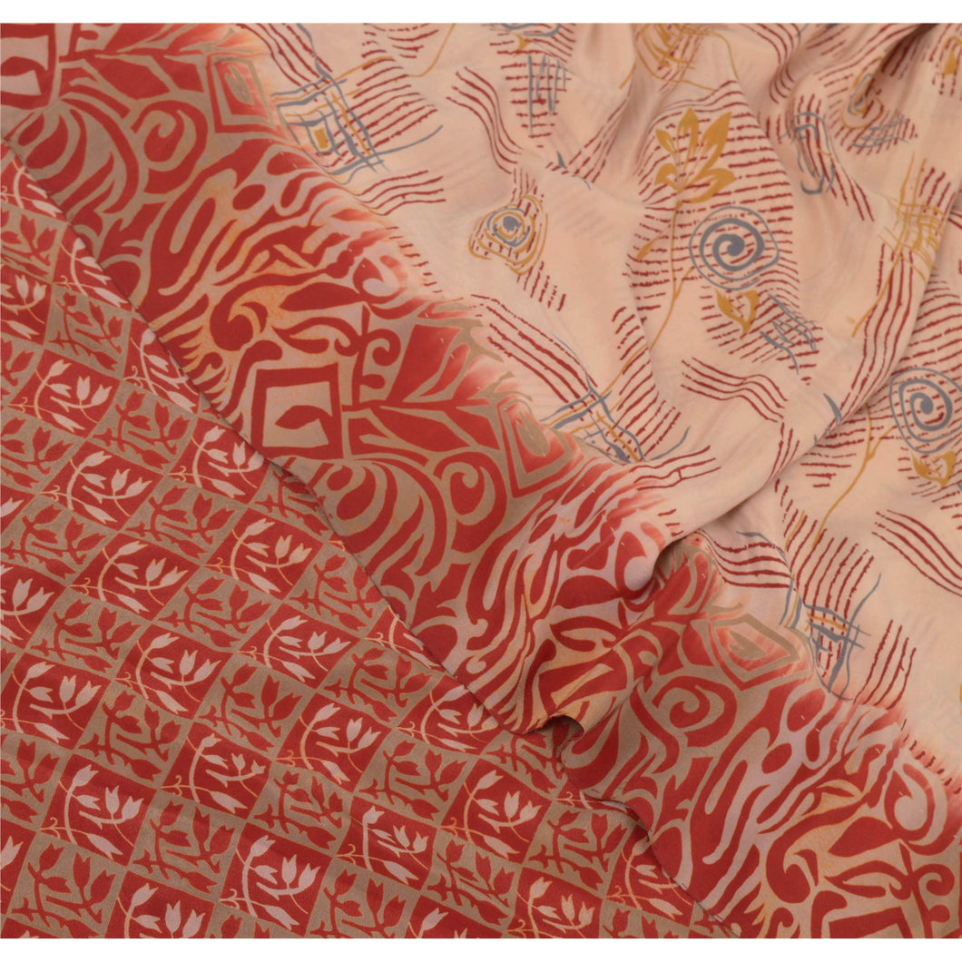 Sanskriti Vintage Peach Indian Sarees Pure Crepe Silk Printed Sari Craft Fabric