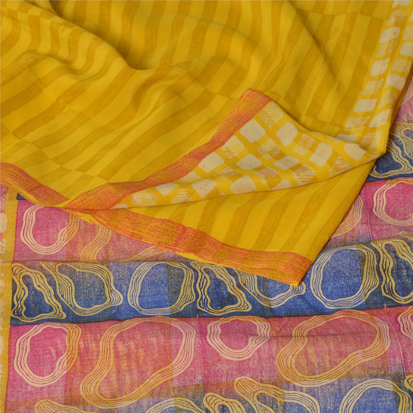Sanskriti Vintage Yellow Sarees 100% Pure Crepe Silk Printed Sari Craft Sustainable Fabric