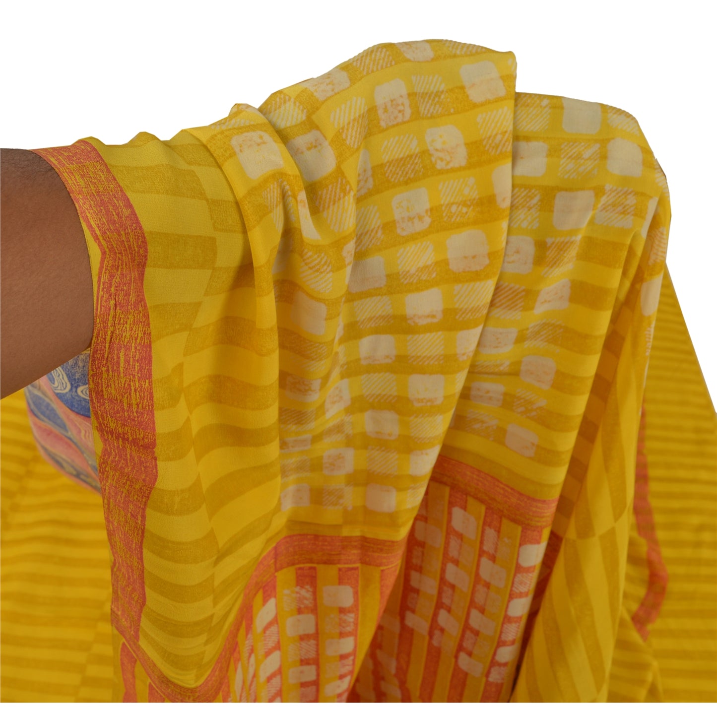 Sanskriti Vintage Yellow Sarees 100% Pure Crepe Silk Printed Sari Craft Sustainable Fabric