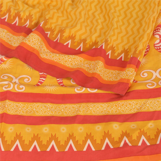 Sanskriti Vintage Yellow Sarees Pure Crepe Silk Printed Sari Craft 5 Yard Sustainable Fabric