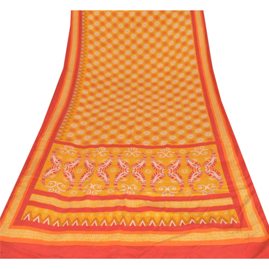 Sanskriti Vintage Yellow Sarees Pure Crepe Silk Printed Sari Craft 5 Yard Sustainable Fabric